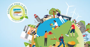 Bandeau pour l'actualité PCAET : on peut voir le logo du Plan Climat Air Energie Territorial de l'agglomération ainsi qu'une illustration d'un globe sur lequel est placé le territoire de l'agglomération ainsi que divers éléments permettant d'identifier le territoire, comme le quartier Ramponneau, des éoliennes...