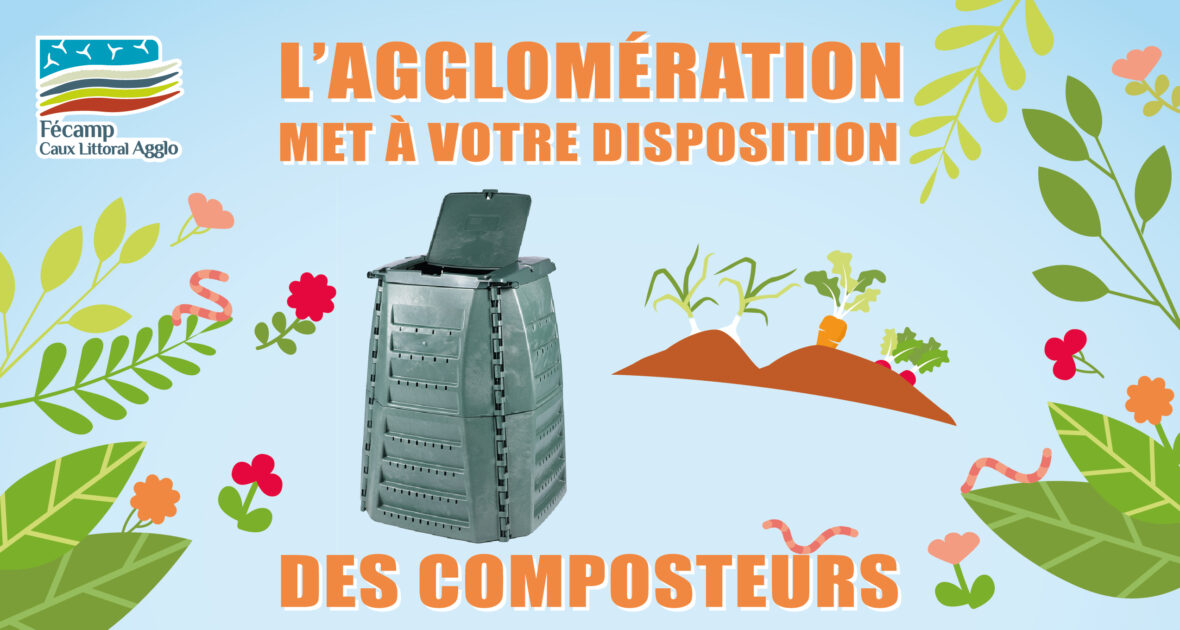Illustration indiquant "L'Agglomération met des composteurs à disposition" avec une photo d'un composteur et des illustrations de plantes et de fleurs